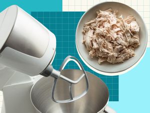 Collage of a stand mixer and shredded chicken