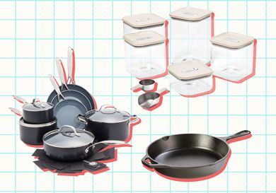 GreenPan Valencia Pro Hard Anodized 11 Piece Cookware Pots and Pans Set, Caraway Glass Airtight Container Set, and Lodge 10.25 Inch Cast Iron Skillet on a blue grid background