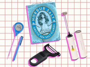 stocking stuffers recommended on a red grid background